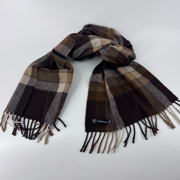 Edsor Crown 100% Cashmere Brown and Tan Plaid Scarf with Fringe - Picture 1 of 6